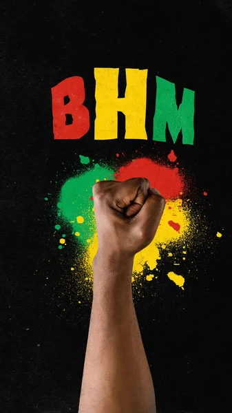 Poster. Contemporary art collage. Modern creative artwork. African-American hand in fist against red-yellow-green blots and letters BHM. Concept of black history month, civil rights, culture. Ad