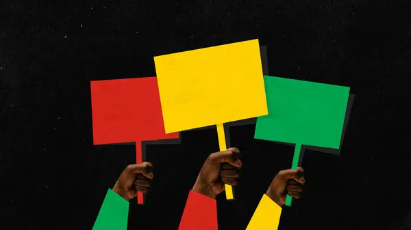 Poster. Contemporary art collage. Modern creative artwork. African-American hands with red, yellow and green signs. Concept of black history month, civil rights, culture. Copy space, ad.