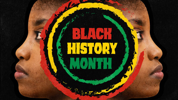 Плакат. Коллаж современного искусства. Современное творчество. Афро-американская красивая женщина портрет с надписью Черная история месяц в цветных кругах. Концепция гражданских прав, культуры. Объявление