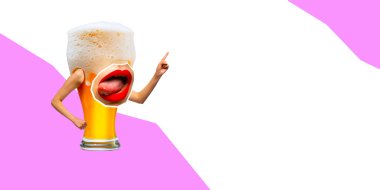 Çağdaş sanat kolajı. Modern yaratıcı sanat eserleri. Baştan çıkarıcı bir bardak köpüklü bira ve kadın dudakları kırmızı ruj ve ellerim var. Festival konsepti, ulusal gelenekler, zevk, içki ve tatil.