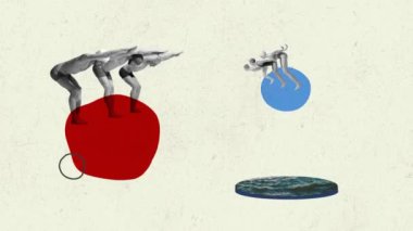 Takımlar. Hareketi durdur. Animasyon. Mayolu erkekler ve kadınlar atlamaya hazırlanıyor. Spor, yaz sporları, klasik moda konsepti. Yaz kavramı, ruh hali, yaratıcılık, hayal gücü, parti, eğlence.