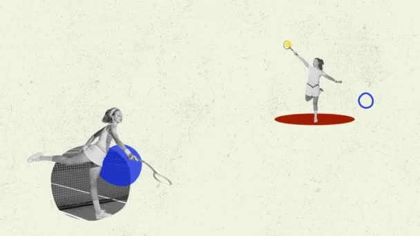 動かないで アニメーション レトロなヴィンテージスタイルのスポーツ服の若いガールズは 幾何学的要素を持つ軽い背景の上にテニスをする 創造性 想像力 ファッション スポーツ 広告の概念 — ストック動画