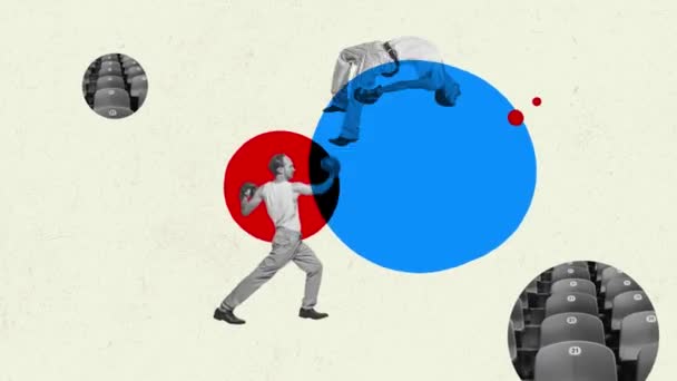 動かないで アニメーション レトロなヴィンテージファッションの服の2人の男性の肖像画 幾何学的要素を持つ軽い背景の上に手袋でボクシング スポーツ ミニマリズムの概念 — ストック動画