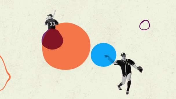 動かないで アニメーション 野球をする若者 グローブと野球のバットでボールをキャッチ レトロスタイル スポーツ レクリエーション ヴィンテージ 20年代 ファッション — ストック動画