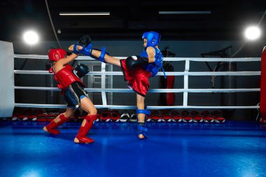 Çocuklar, boksör antrenman partneriyle kickboks yapıyor, ringde dövüşüyor. Genç profesyonel sporcular. Spor anlayışı, sağlıklı yaşam tarzı, hobi, spor, yarışma.