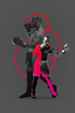 Poster. Çağdaş sanat kolajı. Modern yaratıcı sanat eserleri. Dövüşten önce üniformalı ve koruyucu eldivenli bir boksör. Profesyonel spor anlayışı, eğlence, sağlıklı yaşam tarzı, rekabet.
