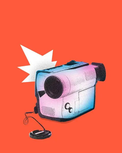 Poster. Contemporary art collage. Modern creative artwork. Vintage home video camera in mixed neon light isolated orange background. Image in old paper style. Concept of youth culture, technology.