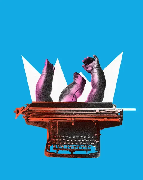 Poster. Contemporary art collage. Vintage keyboard, typing machine with baby-dolls hands and legs isolated blue background. Image in old paper style. Concept of youth culture, retro, technology.