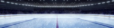 Horizontal aerial view of ice hockey stadium with spotlights and crowdy stands with fans waiting favorite team before champion competition. 3D render illustration background. Concept of sport, skating clipart