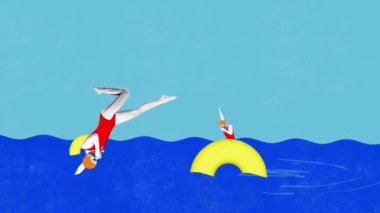 Yüzme çemberiyle denize atlayan kırmızı mayo ve şapkalı genç bir kadın. Tatilde. Hareket etmeyi, animasyonu durdurun. Parlak renkli tasarım. Yaz kavramı, tatil, eğlence, eski tarz