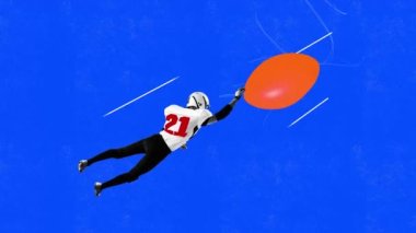 Üniformalı erkek profesyonel Amerikan futbolcusu mavi arka planda topu yakalıyor. Çağdaş sanat kolajı. Parlak renkli tasarım. Gençlik kavramı, spor yaşam tarzı, rekabet