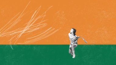 Üniformalı genç bir kız turuncu yeşil arka planda tenis oynuyor. Yaz etkinliği. Hareket etmeyi, animasyonu durdurun. Parlak renkli tasarım. Retro stil kavramı, eğlence, gençlik. Dikey yerleşim