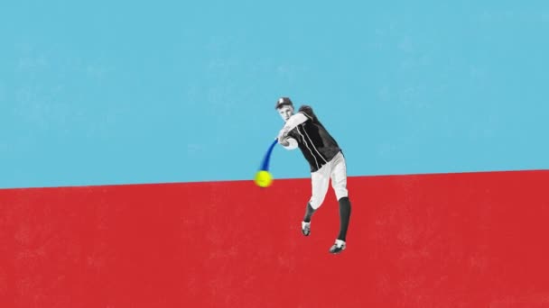 Soustředěný Mladý Muž Sportovec Hrající Baseball Modrém Červeném Pozadí Vítěz — Stock video