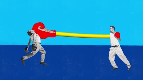 Забавне Зображення Двох Молодих Чоловіків Ретро Одязі Грайливо Бореться Боксерськими — стокове відео
