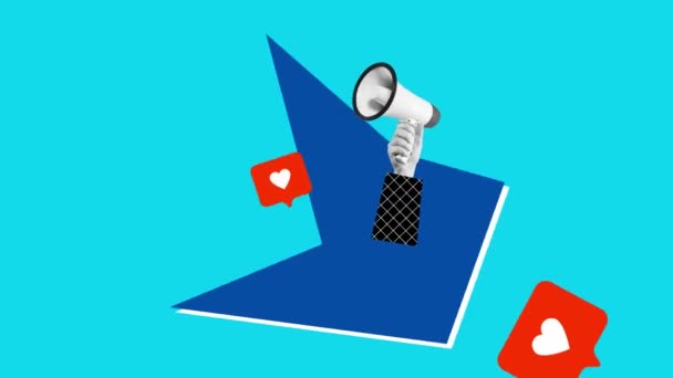 Zatrzymaj Ruch Animacja Megafon Media Społecznościowe Lubią Izolowane Niebieskim Tle — Wideo stockowe