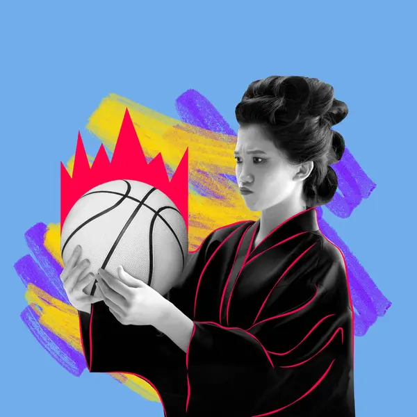 Contemporary art collage. Surprised, confused Asian woman, princess holds basketball ball against background with drawings. Concept of sport, eras comparison, vintage. Poster, bright design.