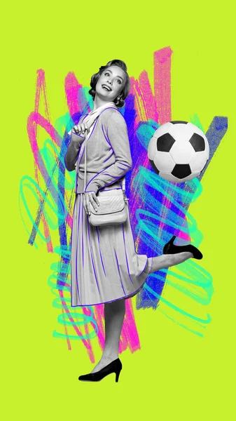 Contemporary art collage. Monochrome woman, medieval woman dressed smart casual outfit and kicking football ball her heel. Concept of sport, eras comparison, vintage. Poster, bright design.