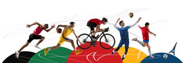 Hareket halindeki farklı profesyonel sporcuların modern kolajı soyut renkli geometri, yaratıcı arka plan. Spor anlayışı, rekabet, şampiyonluk. Koşu, bisiklet, takım sporu. Ad