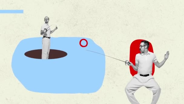 Collage Arte Contemporáneo Dos Hombres Elegantes Amigos Peleando Con Espadas — Vídeos de Stock
