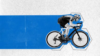 Poster. Contemporary art collage. Young athletic man riding bike in motion against white background. Old paper filter. Negative space for ad. Concept of kinds of sport, energy, activity, hobby. clipart