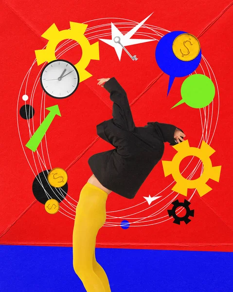 Contemporary art collage. Strange human body in smart casual outfit posing against background with clocks, gears mechanism and speech bubbles. Modern bright design. Concept of business, ideas, finance