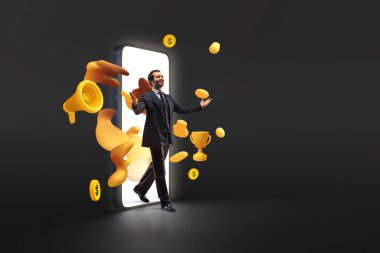 Geliri ve parayı sembolize eden üç boyutlu akıllı telefon modelinden çıkan şık giyinmiş bir adamla yaratıcı kolaj. İş ve kazanç kavramı çevrimiçi, başarı, dijital pazarlama