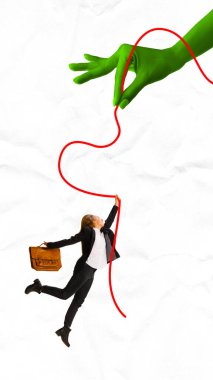 Poster. Contemporary art collage. Woman flying holding thread in green hand, fingers against crumpled paper background. Concept of business, business, persuasion, exploitation, business control clipart