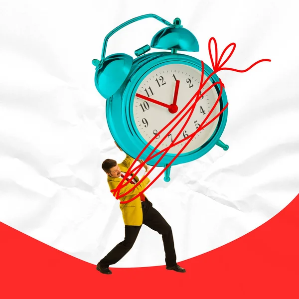 Poster. Contemporary art collage. Businessman is tied to huge vintage watch, clock with red drawn thread against crumpled paper background. Concept of business, deadlines, work process, motivation.