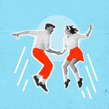 Genç ve güzel bir çiftin portresi, erkek ve kadın, eski danslar, mavi arka planda zıplamak. Çağdaş sanat kolajı. Parti, dans, hobi, hareketler, moda, yaratıcılık kavramı