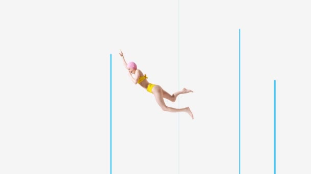 Stop Beweging Animatie Jong Meisje Geel Zwempak Pet Springen Het — Stockvideo