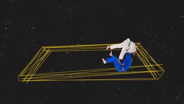 動かないで アニメーション 2人の男性 プロのカラテカートレーニング空手 抽象的な線を描いた黒い背景にジウジチツ ファイターズ 創造性 戦闘スポーツ 広告の概念 — ストック動画