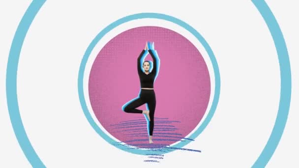 Stoppa Rörelsen Animering Ung Flicka Sportkläder Stående Yogapose Praktiserande Avkopplande — Stockvideo