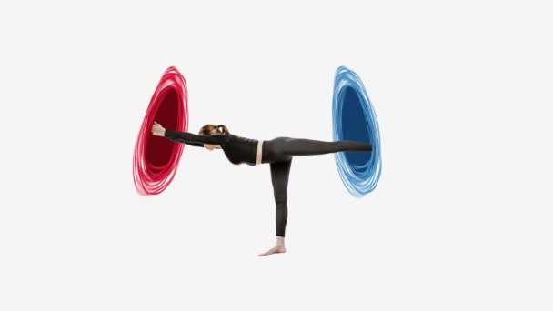 停止运动 年轻女孩在运动服训练 做瑜伽练习灰色背景与抽象的设计元素 业余爱好 生活方式 广告的概念 — 图库视频影像