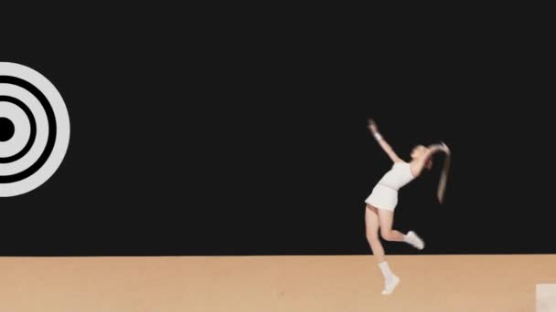 Hareketi Durdur Animasyon Beyaz Üniformalı Badminton Oynayan Siyah Arka Planda — Stok video