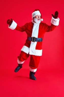 Mutlu ve neşeli olgun adam, uzun gri ayı danslı Noel Baba 'ya benziyor çünkü büyülü kış tatili başlıyor. Kış tatili kavramı, Mutlu Noeller, neşe ve eğlence.