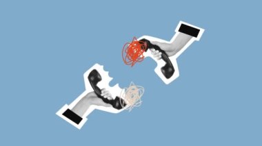 Yapıcı olmayan diyalog. Verimsiz, anlamsız bir konuşma. Hareketi durdur. Animasyon. Kesik kablolu telefonları tutan insan elleri. İletişim, konser, tavır anlayışı. İlan için alanı kopyala