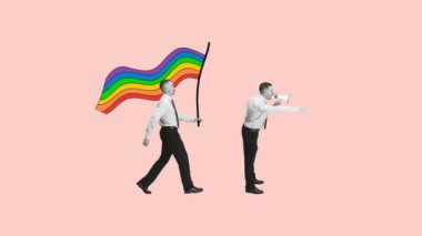 LGBT desteği. İnsan eşitliği. Hareketi durdur. Animasyon. Erkek, LGBT bayrağını pembe arka planda tutuyor. Dünya çapında acil meseleler. Eşitlik kavramı, lgbt, destek, aşk, ilişki, reklam