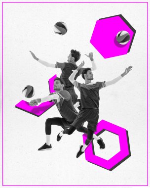 Çağdaş sanat, kolaj. Genç atletik adam, voleybol oyuncusu monokrom filtresi eğitimi alan eller hareket halinde topa vuruyor. Parlak tasarım. Spor, enerji, aktivite, hobi kavramı.