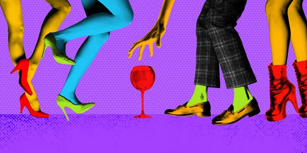 Poster. Contemporary art collage. Women and men dressed retro clothes actively moving while dancing with alcohol drinks. Bright comics style design. Concept of art, disco, party, retro fashion, fun.