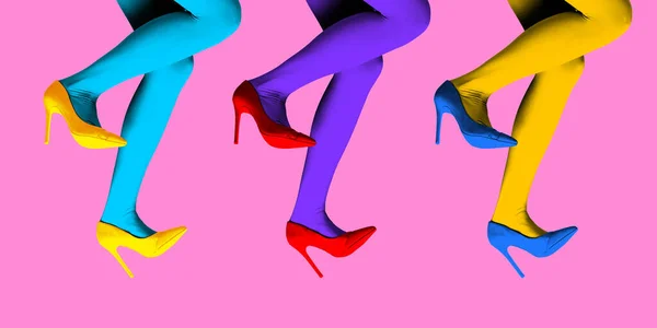 Poster. Contemporary art collage. Three pairs of legs lift s high when they dance in vivid color palette. Bright comics style design. Concept of art, disco, party, retro fashion, happy and fun.