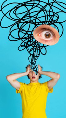 Poster. Çağdaş sanat kolajı. Kafası karışık düşünceleri ve hayat hakkındaki görüşleri olan genç bir adam yüzünü kaybeder ve sadece korkmuş, kafası karışmış gözlerle izler. Ruh sağlığı, duygular, psikoloji kavramı.