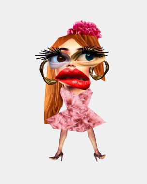 Çağdaş sanat kolajı. Olağanüstü görünüşlü, büyük gözlü ve garip giyimli yaratıcı modern kadın portresi. Modadaki çılgın eğilimler, makyaj, kendini ifade etme, yaratıcılık kavramı.