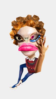 Çağdaş sanat kolajı. Yaratıcı portre, beyaz arka planda parlak makyajlı rahatsız bir kadının karikatürü. Moda ve kendini ifade etme konusunda çılgın eğilimler.