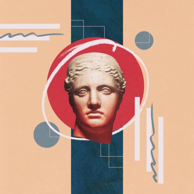 Poster. Çağdaş sanat kolajı. Antik Yunan heykelinin fütüristik karalama ve geometri figürleriyle pastel şeftali arka planına karşı bükülmesi estetik, moda, stil, sürrealist anlayışı..