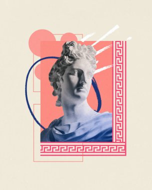 Poster. Çağdaş sanat kolajı. Pastel arka planda karalamalar ve soyut elementler içeren tanecikli kumaş efektli antik heykel. Estetik kavramı, moda, tarz, sürrealist, fikir.