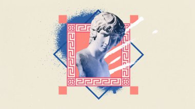 Poster. Çağdaş sanat kolajı. Pastel arka plana karalama ve süslemelerle birlikte mavi taneli kumaş efektli antik heykel. Estetik, moda, tarz, sürrealist, ilham.