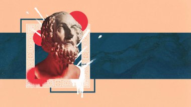 Poster. Çağdaş sanat kolajı. Eski Yunan heykeli arka planda pürüzlü kumaş etkisi yaratıyor ve yazı için negatif alan yaratıyor. Estetik, moda, tarz, sürrealist, ilham, fikir kavramı