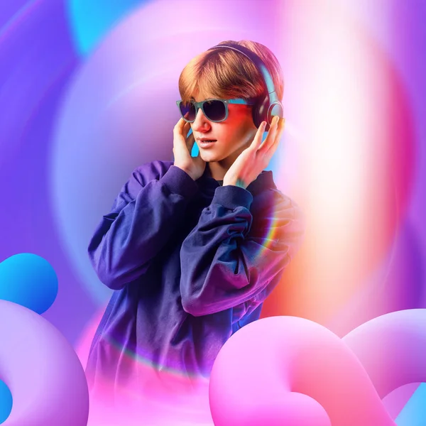 Cool young guy, student listening music in headphones against gradient purple background with flying 3d elements symbolizing dynamic rhythm of melody. concept of hobbies, technology, kinds of music.