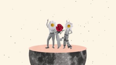 Hareketi durdur. Animasyon. Yarım ay sahnesinde dans eden çiçek kafalı şık hippi elbiseli genç insanlar beyaz arka planda izole edilmiş. Özgürlük kavramı, eğlence, parti, aşk ve reklam