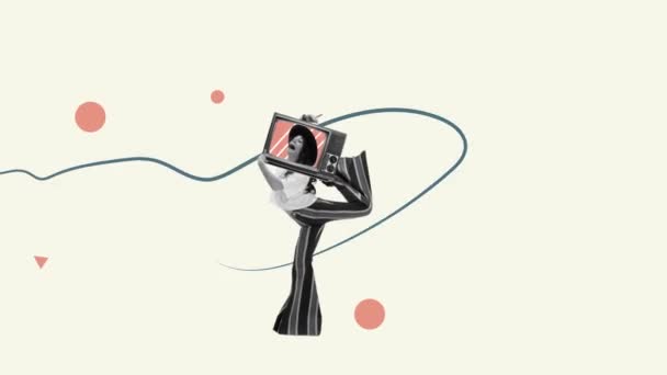 動かないで アニメーション 白い背景に隔離されたヴィンテージTvヘッドで踊るレトロコスチュームの若いスタイリッシュな女性 レトロデザイン 創造性 インスピレーションの概念 Adのためのスペースをコピーする — ストック動画